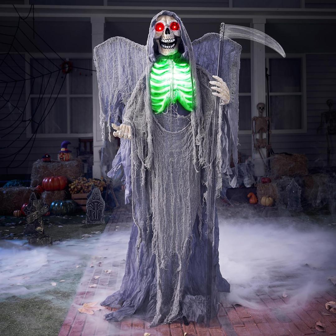 JOYIN 67" Halloween Decorations Outdoor, Life Size Animatronics Grim Reaper, Sound-Actived Haunted House Props Decors with Creepy Sound for Garden Yard Lawn Outside Indoor