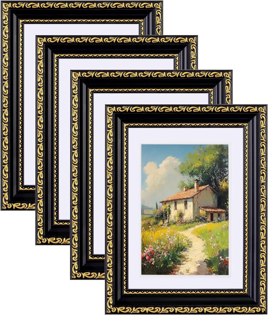 Eletecpro 5x7 Picture Frames Set of 4, Gothic Frames with Glass Cover, 5 x 7 Vintage Photo Frame Displays 4x6 Photo with Mat or 5x7 without Mat for Tabletop or Wall Decor, Black Gold