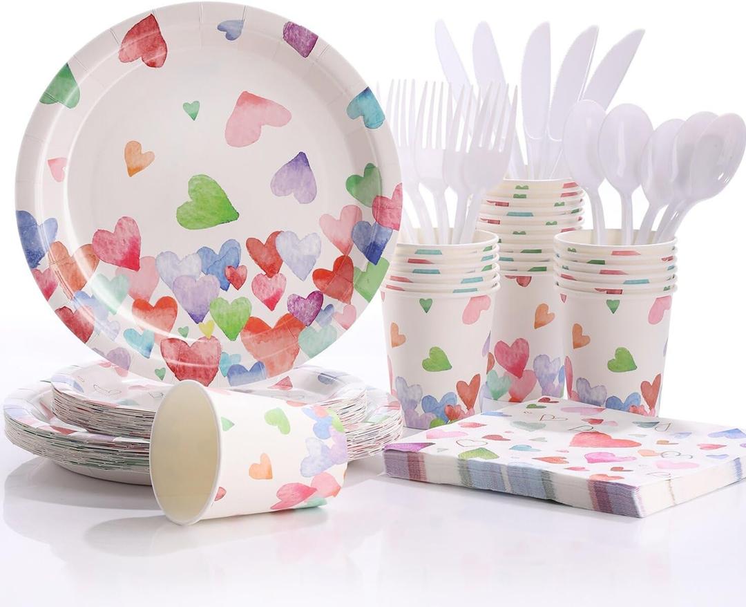 Birthday Plates and Napkins-168PCS Heart Plates Disposable Dinnerware Sets Birthday Party Supplies Serve 24,Birthday Party Decorations for Birthday Wedding-Colorful Paper Plates
