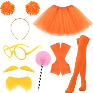 Orange Furry Character Costume Set with Orange Hair Headband Tutu Skirt Gloves Socks Mustache Eyebrows Glasses for World Book Day Cosplay