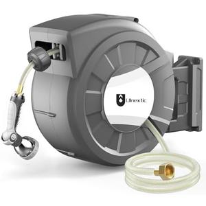 Retractable Garden Hose Reel, 5/8 in x 75 ft Wall Mounted Hose Reel,10-Pattern Spray Nozzle, Any Length Lock/Slow Return System/Wall Mounted/180°Swivel Bracket