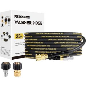 AURORA CAR Pressure Washer Hose 25FT with 3/8 Inch Quick Connect, Kink Resistant High Tensile Wire Braided, with 2 pcs M22 14mm Adapter Set, 4200 PSI Power Washer Hose