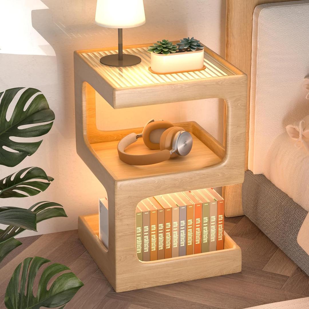 HOMEMORE Solid Wood Side Table Glass Nightstand Modern Nightstand Modern end Table No Assembly Required Accent Table for Living Room,Bedroom Log Color