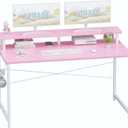 Pamray 47 Inch Small Computer Desk with Monitor Stand, Simple Office Desk with Headphone Hook for Small Spaces, Kids Study Writing Table for Bedroom, Pink