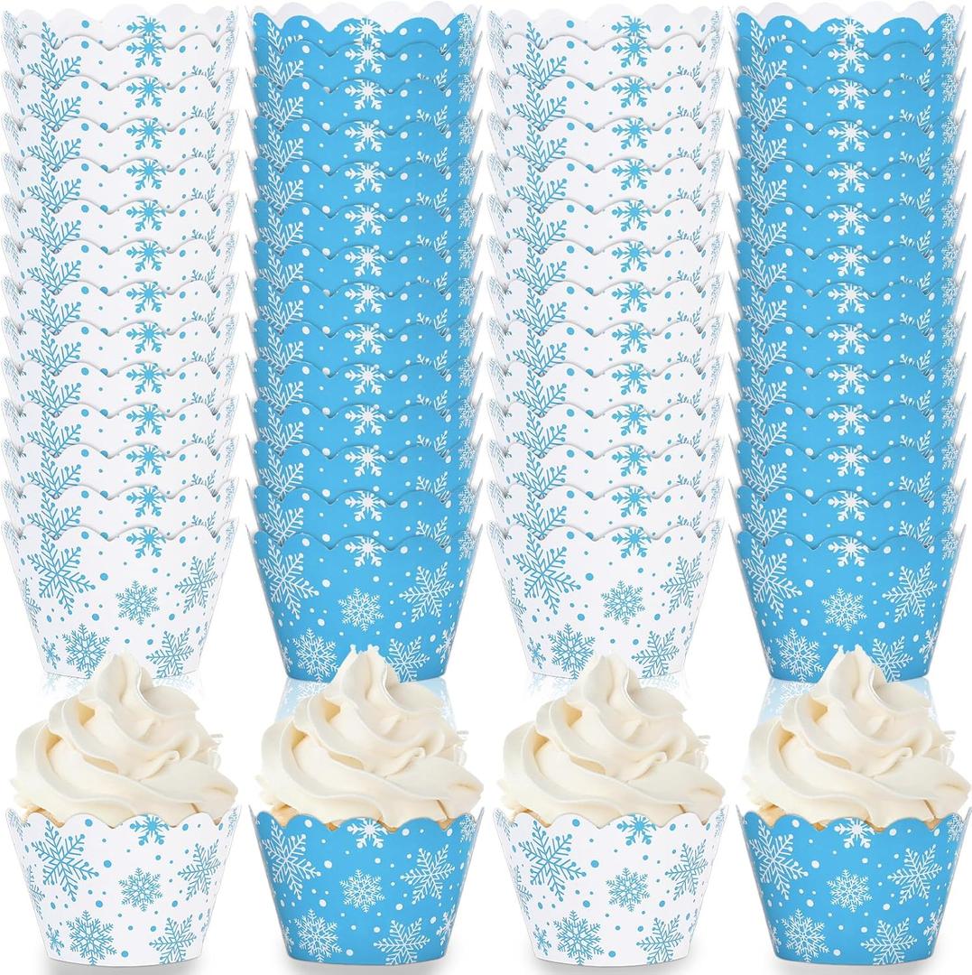 Whaline 36Pcs Winter Cupcake Wrappers White Blue Snowflake Cupcake Liners Decorative Cupcake Holders for Christmas Winter Party Cake Decoration