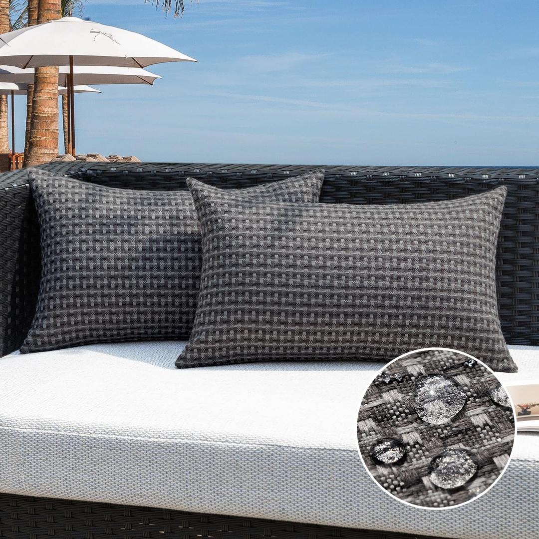 Kevin Textile Outdoor Waterproof Throw Pillow Covers Pack of 2 Boho Farmhouse Decorative Lumbar Cushion Covers for Garden Patio Tent Balcony Bench Couch Sofa 12x24 Inch, Dark Grey