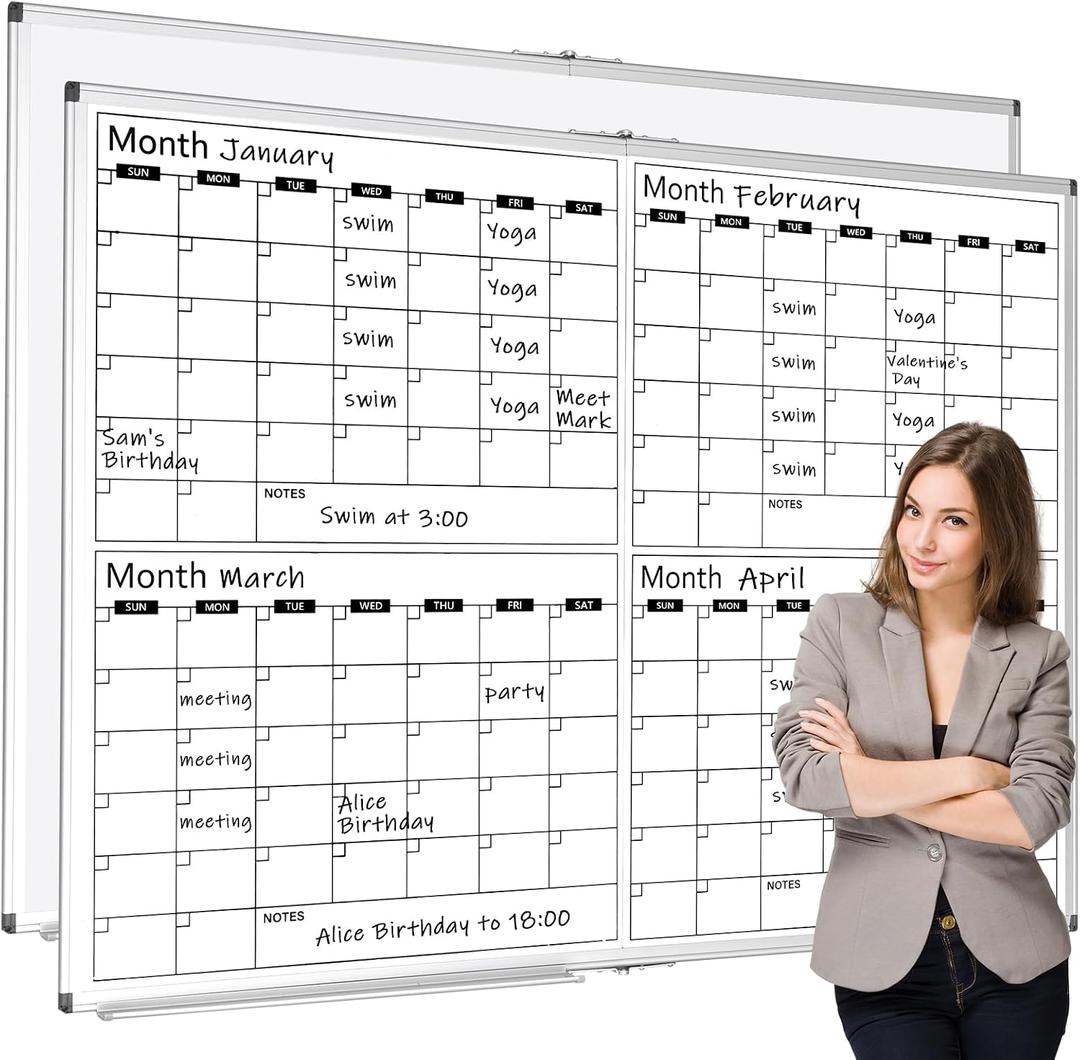 Lincia Large 48" x 36" Magnetic 4 Month Dry Erase Calendar White Board Foldable Whiteboard Calendar for Wall Mounted 2 in 1 Double Side Whiteboard with Dry Erase Board for Wall Office Home