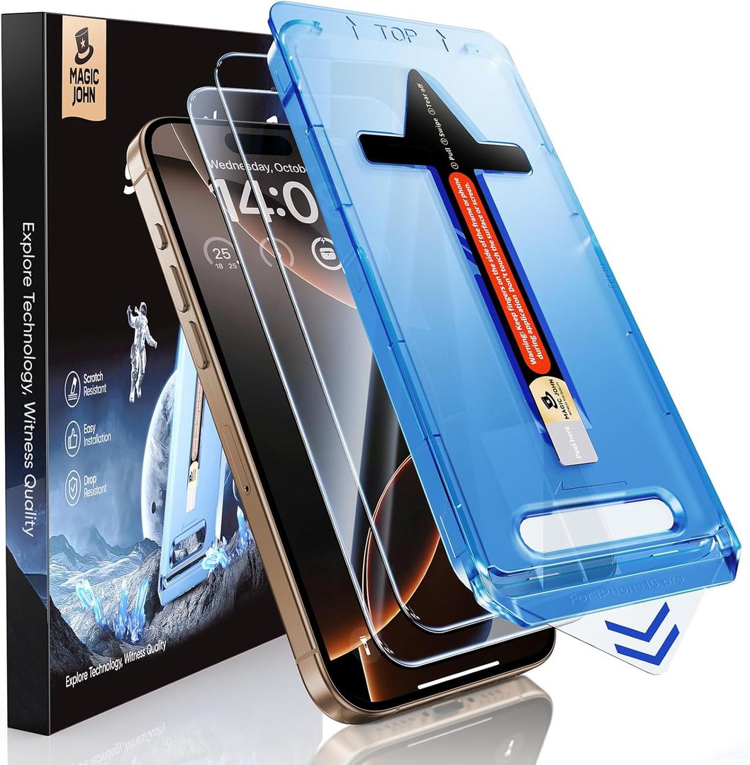 MAGIC JOHN 2 Pack for iPhone 16 Pro 6.3 inch Tempered Glass Screen Protector [Not Max], HD Clear, Bubble Free, Easy Installation, Auto Dust-Elimination