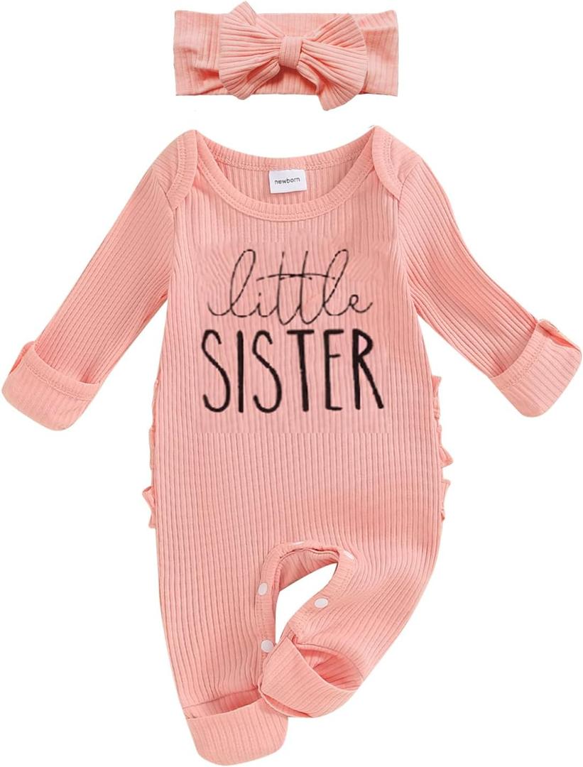 FIOMVA Im New Here Newborn Outfit Girl Long Sleeve Letter Romper Ribbed Knit Jumpsuit Baby Girl Preemie Coming Home Outfit (0-3 Months, Little Sister Pink)