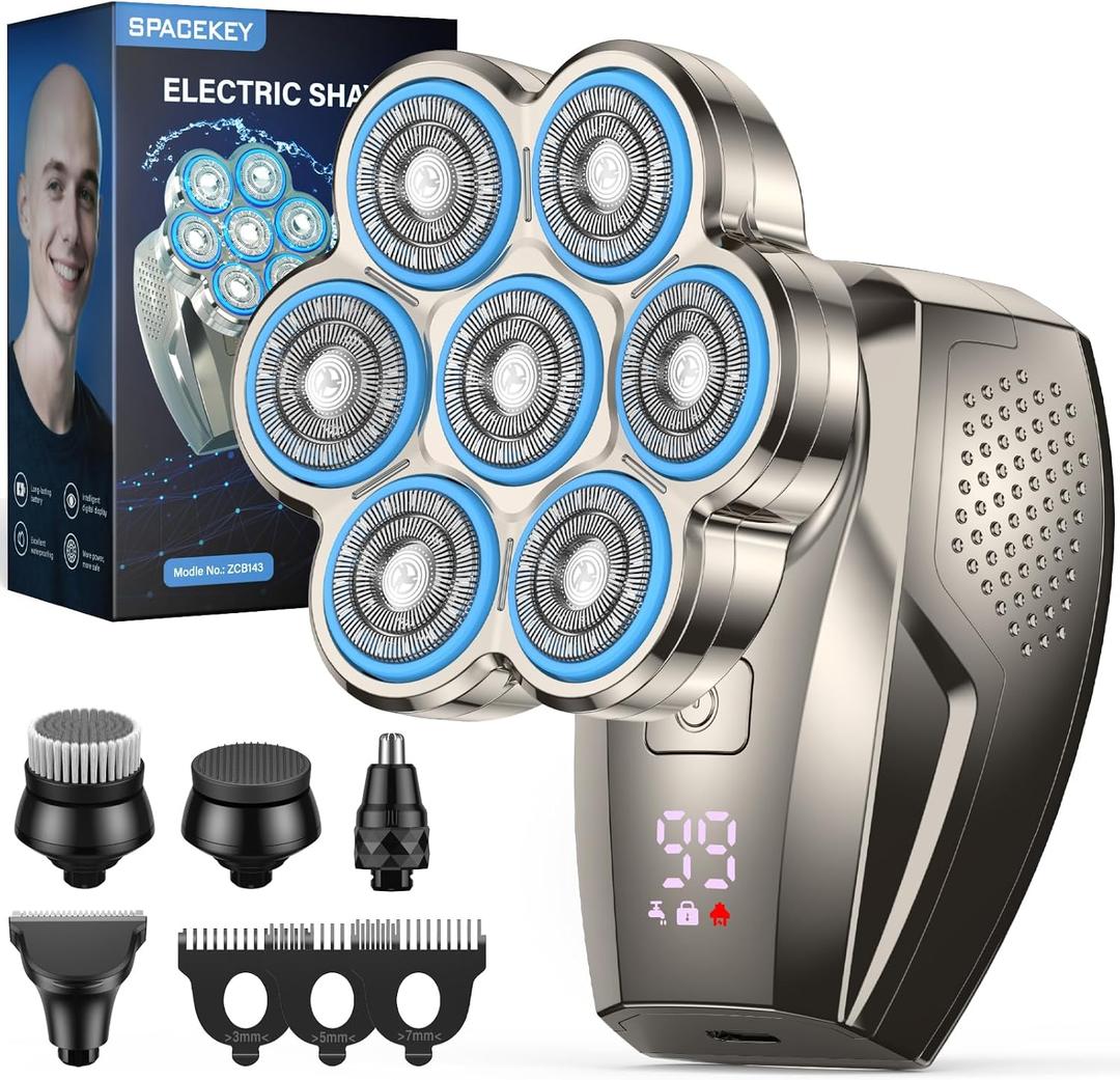 7D Head Shavers for Bald Men, 5-in-1 Magnetic Detachable Head Shaver, IPX7 Waterproof Electric Razor for Wet/Dry Use, Shaving Grooming Kit for Balder, LED Display, Type-C Charge, Gunmetal