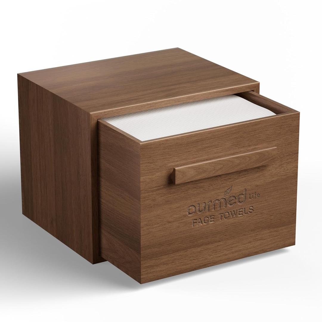 Ourmed Life Walnut Wooden Face Towel Holder Box, Moisture-Resistant Storage Organizer for Bathroom, Includes 50 Ct Disposable Facial Towelettes, 12''x10'' Biodegradable Clean Cloths for Sensitive Skin