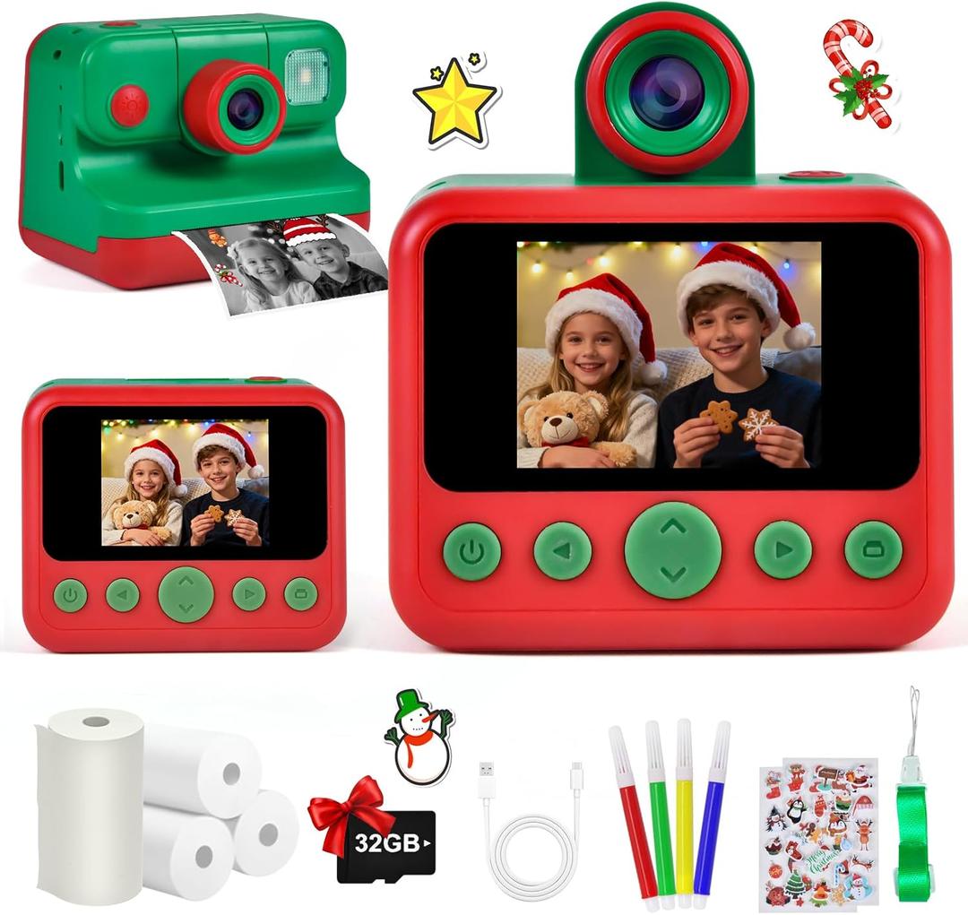Kids Instant Print Camera with 4 Rolls Print Paper, 1080P HD Digital Camera for Boys Girls with Color Pens & 32GB Card, Christmas Birthday Gifts Kids Toys for 3 4 5 6 7 8 9 10 Years Old (Red and Green)