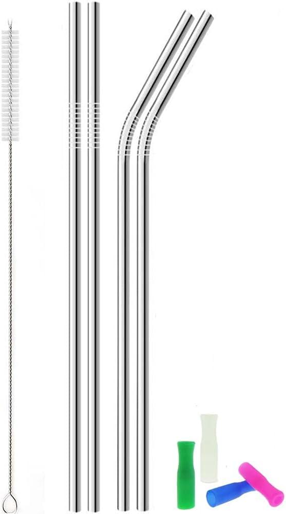 Metal Stainless Steel Straws, 4pcs 12" Ultra Long Reusable Metal Drinking Straws with Cleaning Brush and Silicone Tips for Tall Tumblers