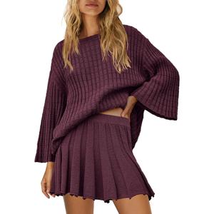 Yanekop Womens 2 Piece Sweater Skirt Set Loose Matching Lounge Sets Comfy Pajamas Set Long Sleeve Top and Skirt Sets (S)