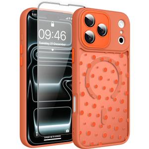 Magnetic for iPhone 17 Pro Max Case with Screen Protector [Compatible with MagSafe] Pretty Polka Dot Pattern Design, Shockproof Slim Cover for Women Girls, Orange