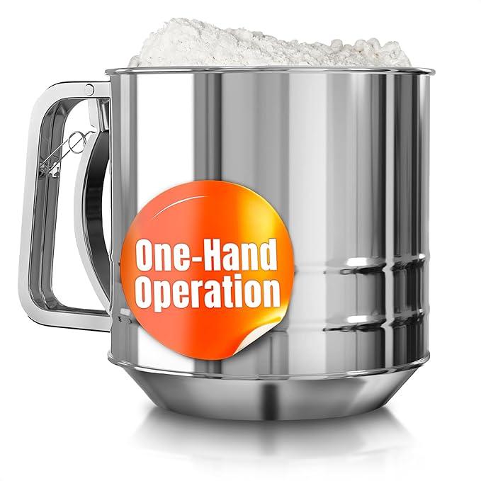 5 Cup Flour Sifter for Baking – Large Capacity Flour Sifter Stainless Steel with Double Mesh, Easy OneHand Use & Dishwasher Safe – Baking Tools for Sifting Powdered Sugar, Cocoa & Cookies Decoration