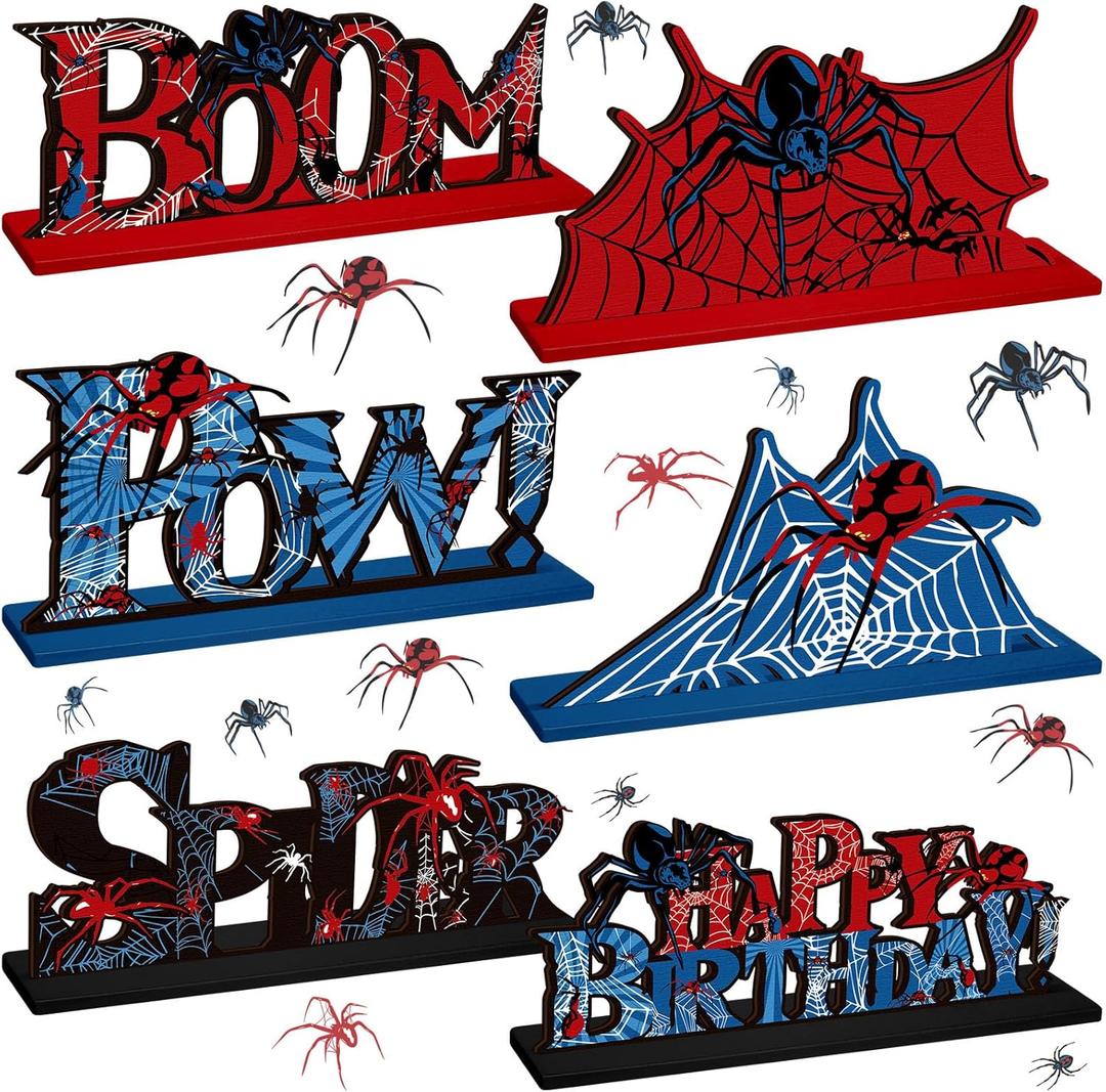 6 Pcs Spider Bithday Party Decoraions Spider Wooden Table Decorations Red and Blue Pattem Design Happy Birthday Table Centerpiece Sign for Boy Cartoon Party Supplies