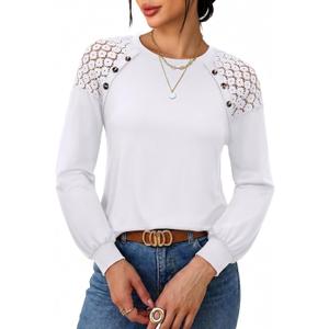 siliteelon Lace Long Sleeve Tops Dress Shirt Womens Crew Neck Loose Dressy Blouse Business Casual Work Summer 2026 White (L)