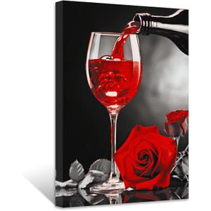 ZXHYWYM Red Wine Wall Decor Kitchen Canvas Picture Black White and Red Wine Glass Rose Painting Prints Modern Abstract Artwork for Restaurant Dining Room Bar Decor(Picture-1, (16.00" x 24.00"))