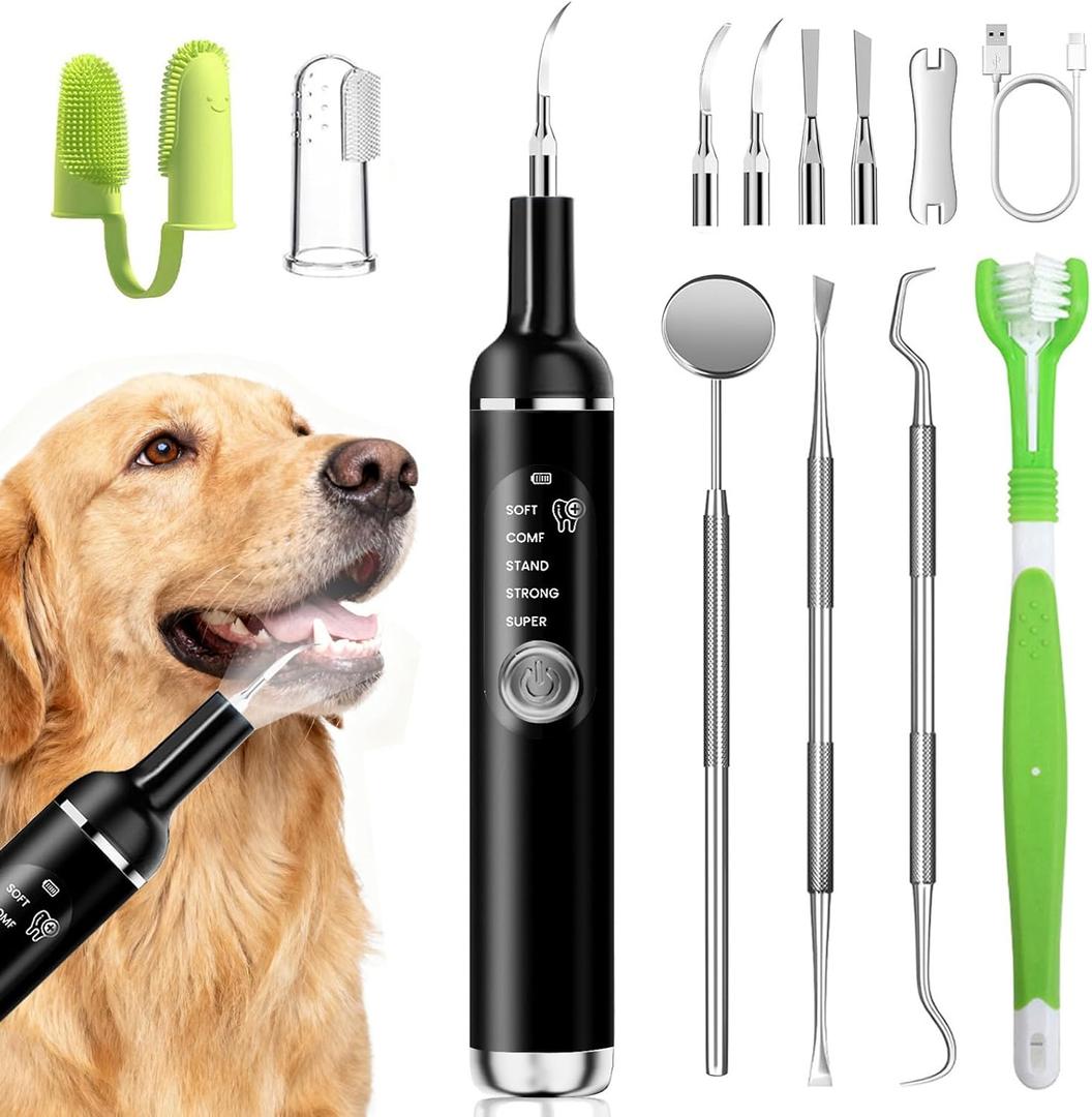 Dog Plaque Remover for Teeth,Pet Ultrasonic Tooth Cleaner with LED Light,Cleaning Kit for Tartar and Stains,5 Adjustable Modes,Pet Teeth Cleaning kit,Suitable for Dogs and Cats (Black)