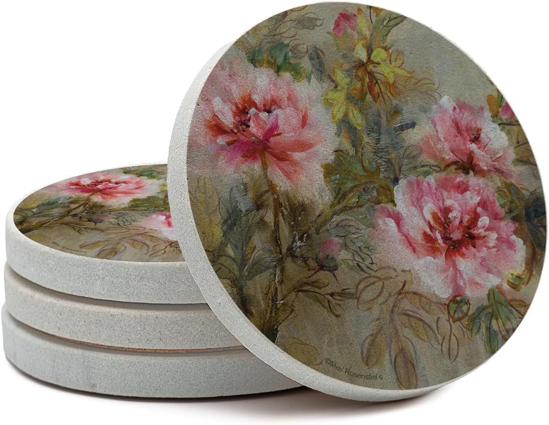 Thirstystone Paeona II Natural Sandstone Coaster 4 Pack Eco-Friendly, Absorbent, Easily Wipes Clean