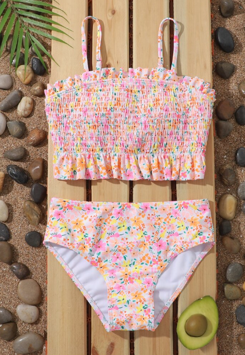 Tween Girl Floral Print Smocked Ruffle Hem Bikini Set Summer Beach
 S
