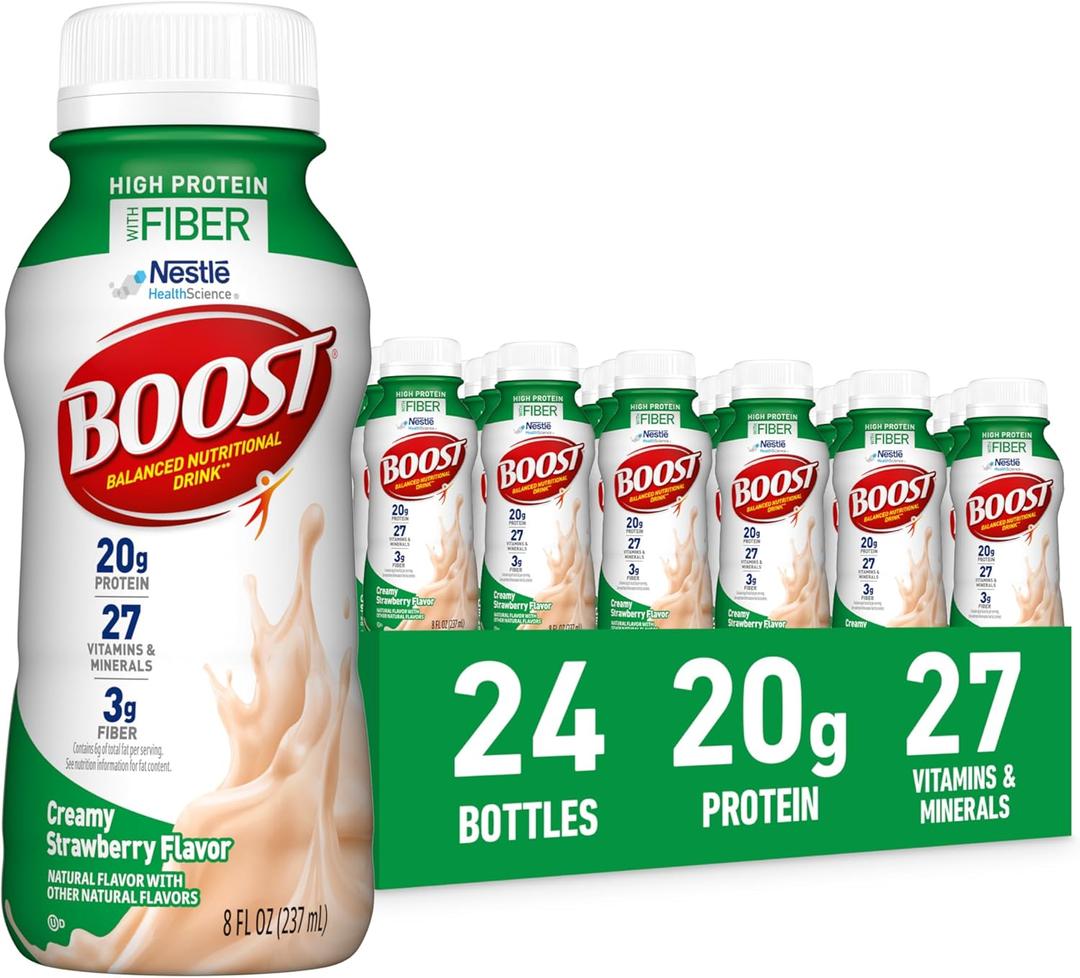 BOOST High Protein with Fiber Ready to Drink Complete Nutritional Drink, Creamy Strawberry, 8 fl oz Bottle, 24 Pack, BBD-08/17/2027