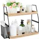 Bathroom Counter Organizer, 2-Tier Standing Storage Shelf with Basket, Wood Tray for Skincare Vanity Organizer, 14" x 6" x 13"