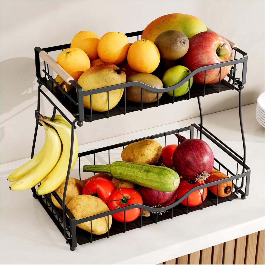 2 Tier Fruit Basket for Kitchen Countertop with 2 Banana Hangers,Detachable Metal Fruit Bowl with Wooden Handles and Protective Pads,Large Capacity Fruit and Vegetable Basket Organizer,Black