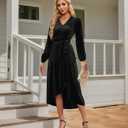 Women's Velvet V Neck Puff Sleeve Dress for Wedding Guest Cocktail Elegant Bodycon Party Midi Dress (Black, XL)