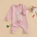 Easter Baby Boy Girl Outfit Embroidery Bunny Rompers Bunny Tail Jumpsuit Unisex Newborn Infant Easter Clothes (Pink)
