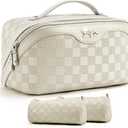 BOYATU Travel Makeup Bag Organizer: 3 Pcs Set Large Capacity Cosmetic Bags Holds 1020 100ml Full-Size Bottles - 180Open-Flat Make up Case 3-sec touch-up - Toiletry Bag Gift women (01-D-Beige)