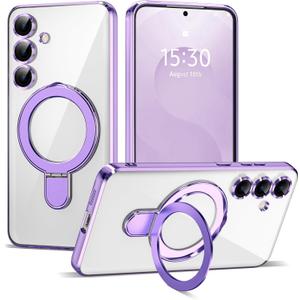 Compatible with Samsung Galaxy S25 Case with Magnetic Ring Stand [Compatible with Mag-Safe] [Full Camera Lens Protector] Plating Clear Phone Case for S25 6.2", Light Purple