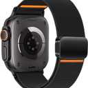 Magnetic Nylon Bands for Apple Watch Ultra 2 Band for Men 49mm 46mm 45mm 44mm 42mm iWatch Man,Stretchy Fabric Elastic Sport Strap Wristband for Apple Watch Series 10 9 8 7 6 5 4 3 SE Ultra2/Ultra (01-Black orange line)