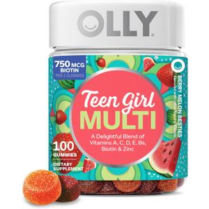 OLLY Teen Girl Multi Gummy, Healthy Skin and Immune Support*, Essential Vitamins, Biotin, Zinc, Chewable Multivitamin, Strawberry Melon Flavored, 50 Day Supply - 100 Count, Best By: April 2027