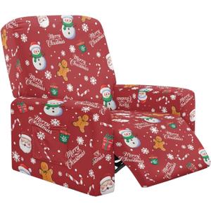 Christmas Recliner Chair Covers, Snowman Print Removable 4 Pieces Stretch Recliner Covers with Pockets Soft Comfortable Recliners Slipcovers for Kids, Pet, Living Room