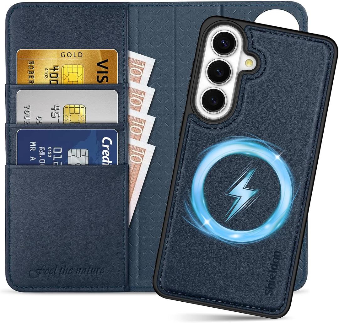 SHIELDON Real Leather Wallet Case for Galaxy S26+ 6.7", Detachable, RFID Blocking Credit Card Slot, Flip Magnetic Closure, Kickstand, Wireless Charging, Removable Shock Absorbing Cover - Navy Blue