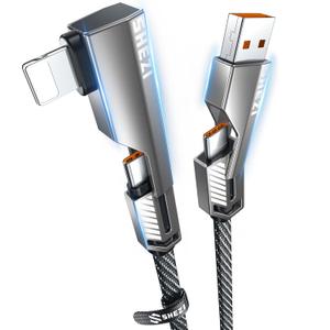 SHEZI 4-in-1 USB C Cable 3FT Compatible with Lightning Cable 90 Degree, [Fast Charging&Data Transfer] Flat Nylon Braided Charger Cord Combo, USB A/C to C/L Multi Charge Cable for iPhone/iPad (Grey)