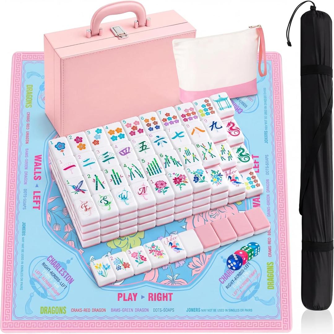 Soulchen 1.2in American Mahjong Tiles Set with Noise Reducing Mat 168 Acrylic Engraved Mahjong Game Tiles with Portable Storage Bags and 4 Dice for Adults Family Friends Collection Travel Game(Pink)