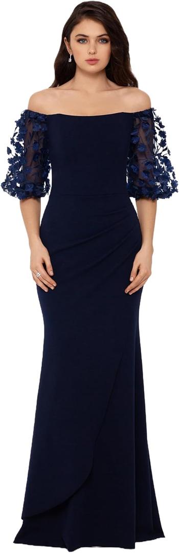 Xscape Women's Illusion Sleeve Off The Shoulder Long Dress (Reg and Petite) (Navy) 12P