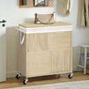 WOWLIVE Double Laundry Hamper with Lid, Handwoven Rolling Laundry Basket with Wheels, 115L Dirty Clothes Hamper with Removable Liner Bag Large Laundry Sorter Laundry Room Organization,Light Beige
