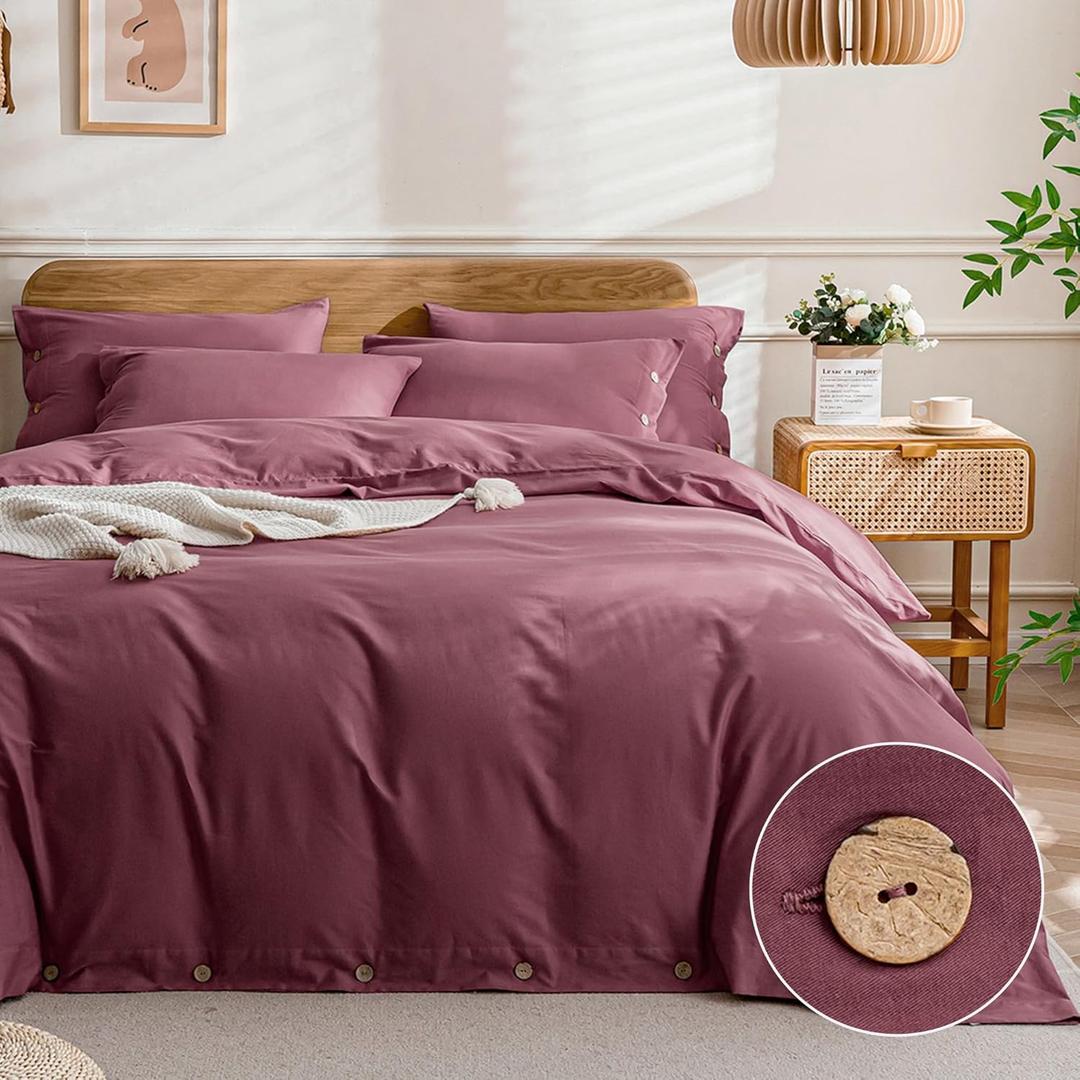 JELLYMONI Cotton Duvet Cover Cal King Size - Dusty Rose Comforter Cover with Button 100% Washed Cotton 3PCS Breathable Soft Solid Bedding Set Duvet Cover 10498in & 2 Pillowcases (NO Comforter)