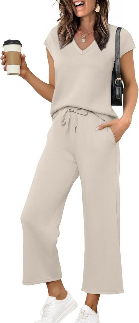 Saloogoe Two Piece Sets for Women Summer Outfits Lounge Sets V Neck Tops Wide Leg Pants Woman Vacation Travel Outfits (Large, Beige)