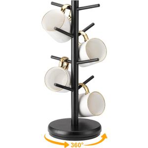 Lorbro Coffee Mug Tree, 360 Rotated Mug Holder with 8 Hooks, Wooden Coffee Cup Holder Rack Stand Accessories for Countertop Kitchen Decor Organizer (Rotatable, Black)