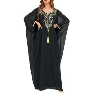 One Size Moroccan Kaftan Dress Floral Batwing Dubai Muslim Robe Islamic Wedding Clothes Pakistani Eid Ramadan Caftan (Black Tassel)