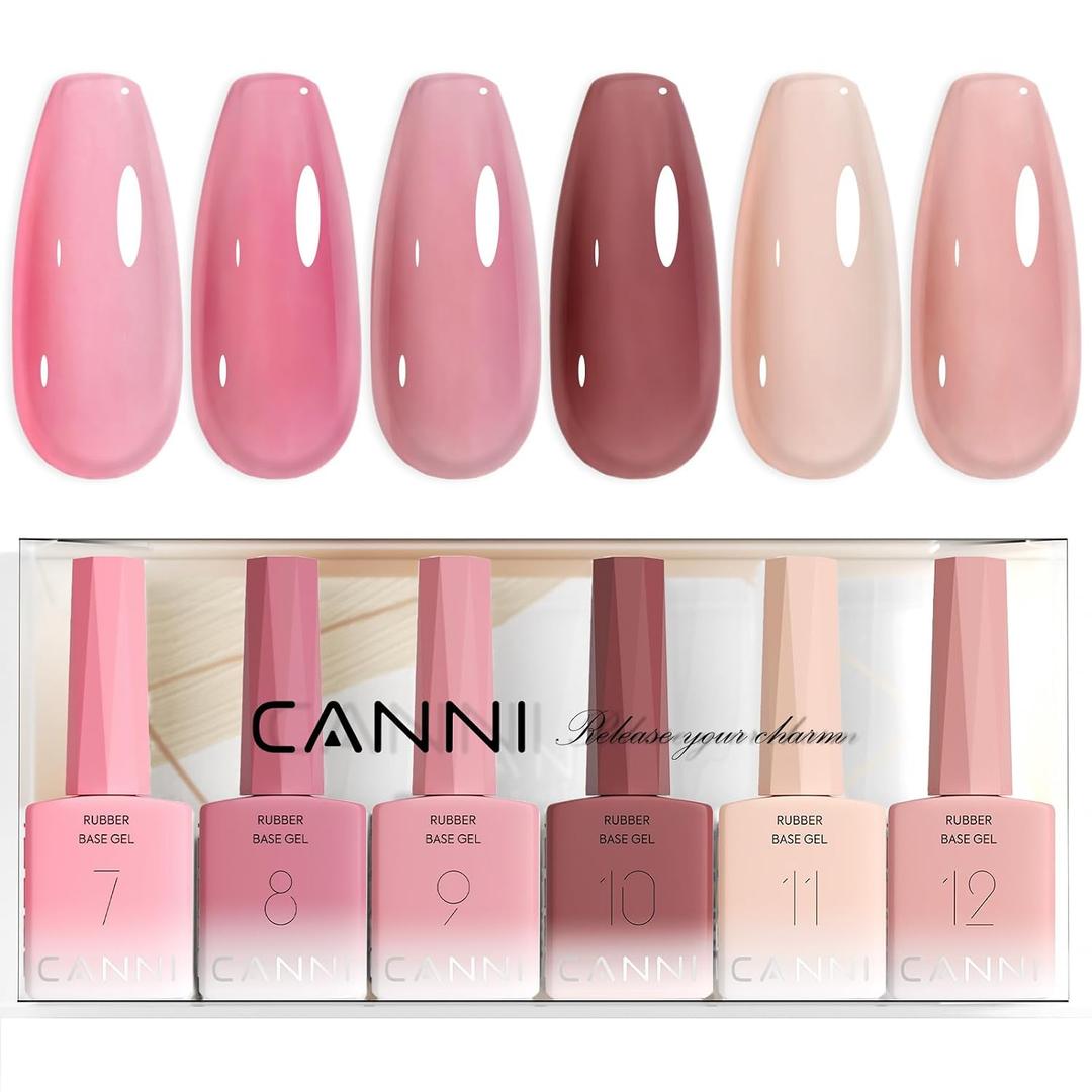 CANNI Rubber Base Gel Nail Polish Set- 6 Pcs 9 Ml Transparent Pink Rubber Base for Nails, Soak Off LED Nail Gel Manicure Kit DIY at Home Salon Gifts