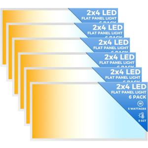 6 Pack 2x4 LED Flat Panel Light, Dimmable Flush Mount Office Kitchen Drop Ceiling Light Fixtures, 9100LM,Switchable 5 CCT 3000K/4000K/5000K/5700K/6500K & 5 Wattages 30W/40W/50W/60W/70W