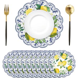 50Pcs Lemon Round Paper Placemats,13.4 Inch Cyan Blue Tiles Lemon Paper Place Mats Summer Fruit Scalloped Disposable Table Mats for Party Kitchen Dining Holiday Birthday Party Supplies