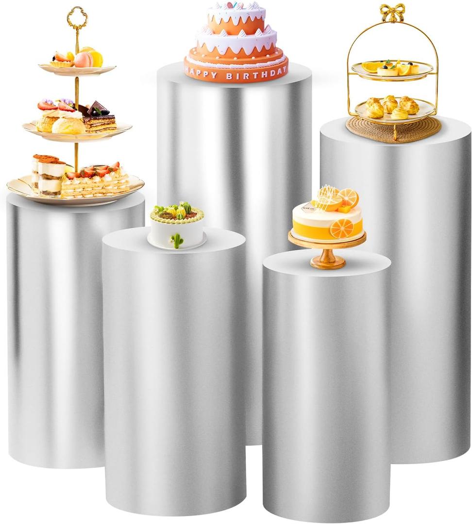 SaitiMade Set of 5 - Silver Cylinder Pedestal Stand Covers, Flexible Cylinder Stand Covers for Party, Wedding or Birthday Event Decor - Only Contains Cylinder Covers