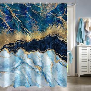 Navy Blue and Gold Marble Shower Curtain Modern Luxury Abstract Art Shower Curtains for Bathroom with Hooks Polyester Waterproof Fabric Machine Washable Bath Curtain Blue Marble 35*70  inches